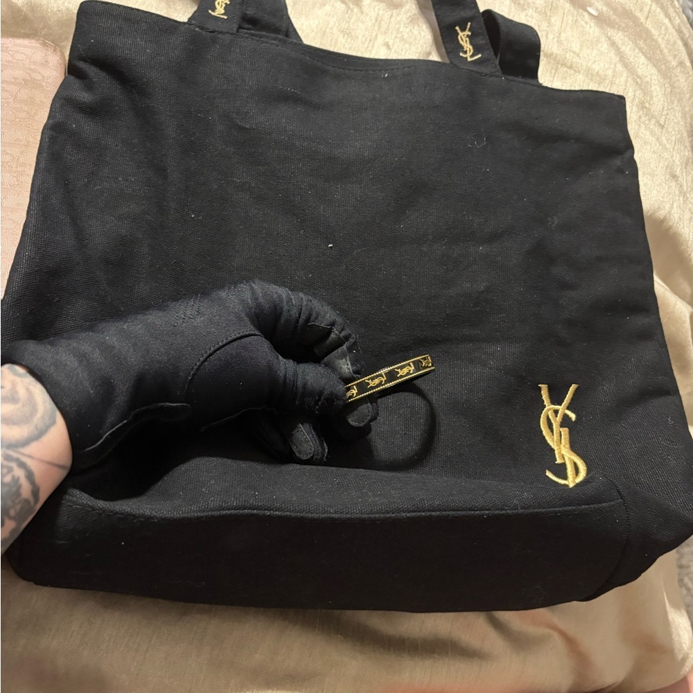 YSL Black Tote Bag with Gold Logo & Matching Bracelet Bundle